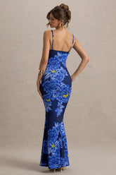 Farah | Blue Floral Print Plunge Neck Maxi Dress With Split Detail
